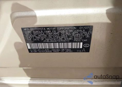 2007 Lexus Es 350 from USA, damaged, VIN JTHBJ46G672093010